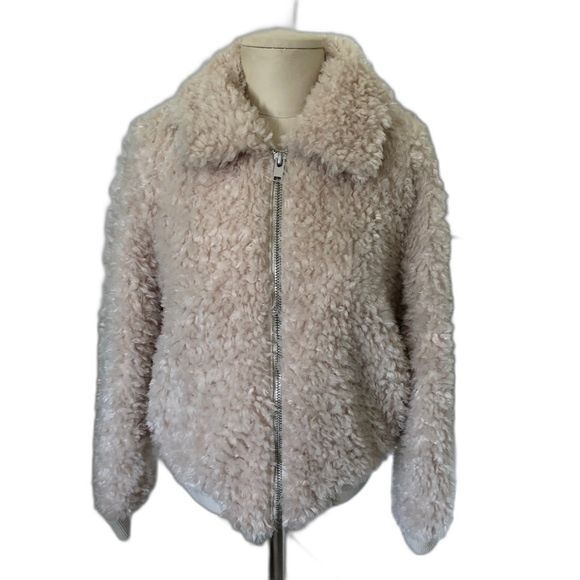 H&M Divided Jacket Womens Medium Cream Sherpa Bomber Faux Fur Teddy Bear New - Picture 2 of 13
